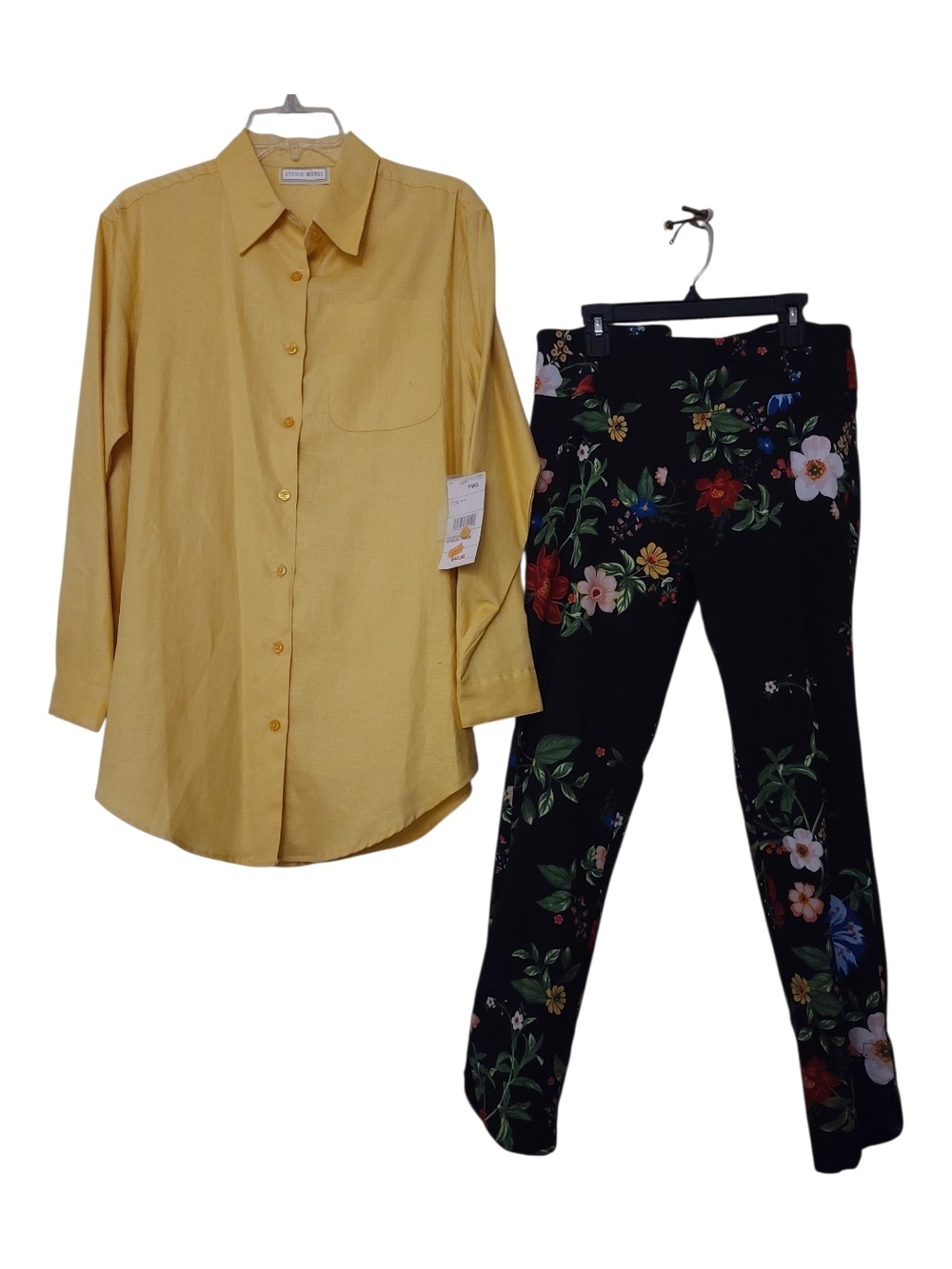 Studio Works Black Floral Skinny Pants 8 with Mustard Button-Up S, Fits Medium
